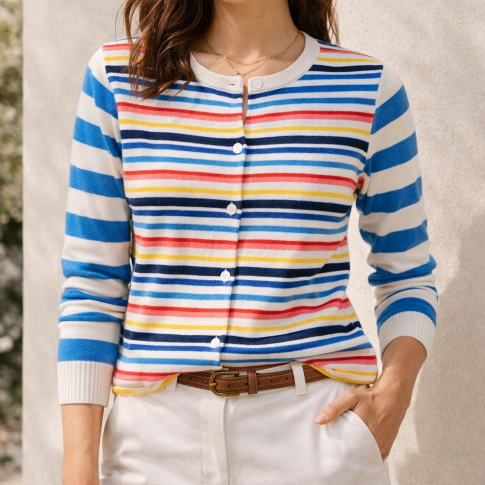 Liz Claiborne Preppy Colorful Stripe Cardigan Cotton Vintage Knit Sweater Medium